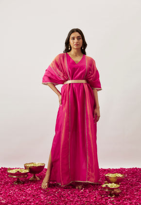 LEILA- PINK CHANDERI SILK KAFTAN WITH SIDE PANEL ZARI ORGANZA