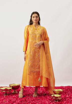 BAHAR- LIGHT ORANGE CHANDERI SILK FRONT PANEL SUIT SET WITH ZARI EMBROIDERY