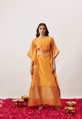 SAHANA- LIGHT ORANGE CHANDERI SILK KAFTAN WITH ZARI EMBROIDERED BELT