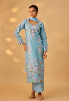 IMAAN - Blue Hand woven chanderi silk suit set with thread embroidery.