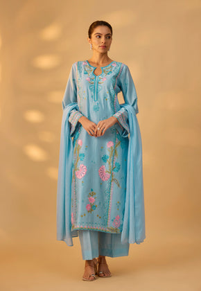 RAHAAT - Blue Hand woven chanderi silk suit set with thread embroidery.