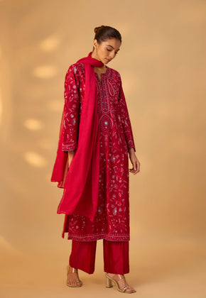 NAAZ - Maroon Hand woven chanderi silk suit set with thread embroidery