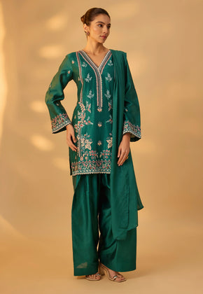 Yasmin - Green Hand woven chanderi silk farshi suit set with thread Embroidery.