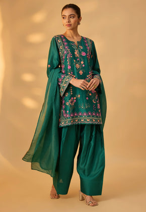 MEHER - Green Hand woven chanderi silk farshi suit set with thread embroidery.