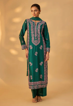TAMANA - Green Hand woven chanderi silk suit set with thread embroidery.