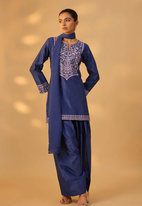 FIZA - Blue Hand woven chanderi silk farshi suit set with thread embroidery.