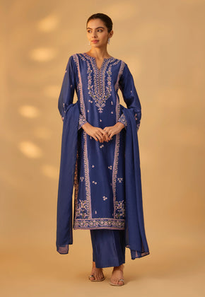 ZOHRA - Blue Hand woven chanderi silk suit set with thread embroidery.