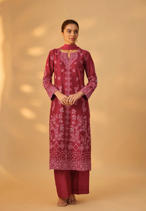 SEHR - Maroon Hand woven chanderi silk suit set with thread embroidery.