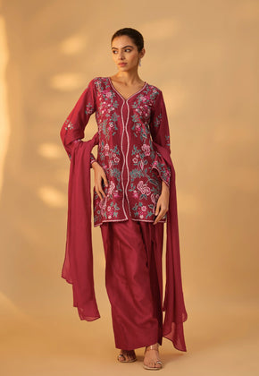 ZAREEN - Maroon Hand woven chanderi silk farshi suit set with thread embroidery.
