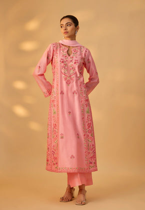 HUSN - Pink Hand woven chanderi silk suit set with thread embroidery.