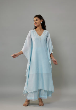 Yeva Powder Blue Hand woven Chanderi Kaftan set with Pearl Embroidery