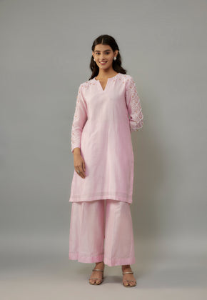 Kaena Powder Pink Hand woven Chanderi Co-ord  set with Pearl Embroidery