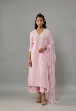 Yara Powder Pink Hand Woven Chanderi Suit set with Pearl Embroidery
