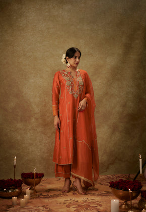 Yura Orange Hand woven chanderi slik A-line suit set with zardozi embrodiery