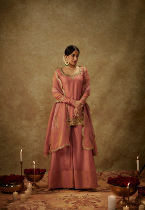 Erva Blush pink Hand woven chanderi slik Sharara set with zardozi embroidery