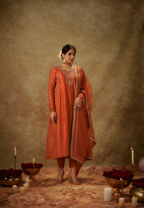 Haya Orange Hand woven chanderi slik semi anarkali set with zardozi embrodiery