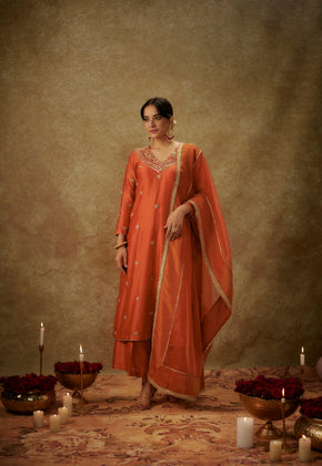 Siara Orange Hand woven chanderi slik suit set with zardozi embrodiery