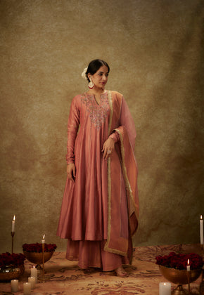 Ara Blush pink Hand woven chanderi slik suit set with zardozi embroidery