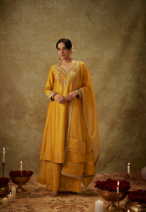 Ayah yellow Hand woven chanderi slik kali suit set with zardozi embroidery