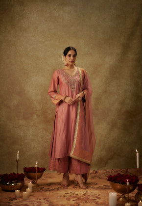 Rea Blush pink Hand woven chanderi slik suit set with zardozi embroidery