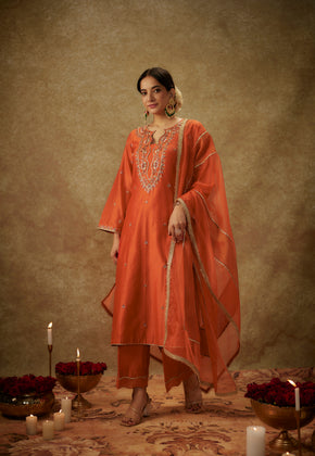 Gulyaz Orange Hand woven chanderi slik suit set with zardozi embrodiery