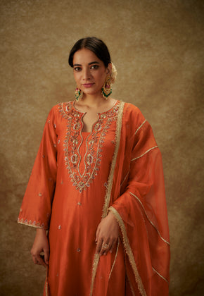 Gulyaz Orange Hand woven chanderi slik suit set with zardozi embrodiery