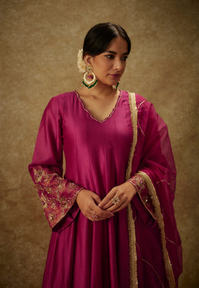 Sahar Magenta Hand woven chanderi slik anarkali set with zardozi embrodiery