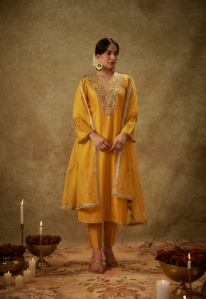 Noura yellow Hand woven chanderi slik suit set with zardozi embroidery