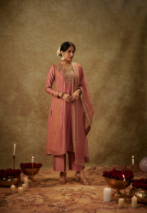 Raisa Blush pink Hand woven chanderi slik suit set with zardozi embroidery