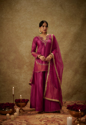 Asmira Magenta Hand woven Chanderi slik Sharara set with zardozi embrodiery