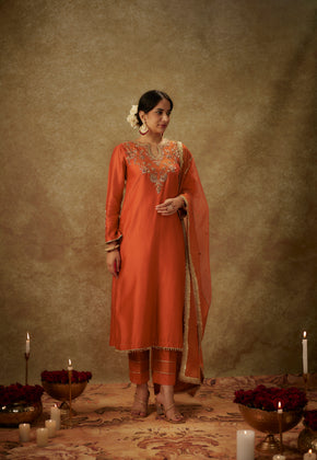 Seraya Orange Hand woven chanderi slik suit set with zardozi embrodiery