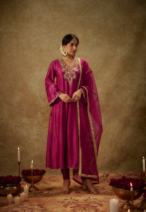 Roop Magenta Hand woven chanderi slik kali suit set with zardozi embrodiery