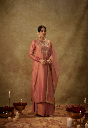 Naira Blush pink Hand woven chanderi slik suit set with zardozi embroidery