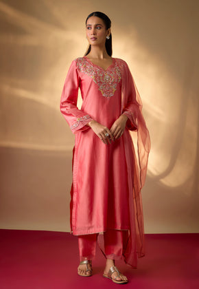 IZARA-Coral Hand woven chanderi silk suit set with zardozi embroidery.
