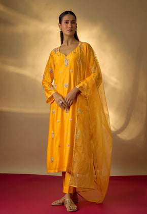 AMAYA - Mango Yellow Hand woven chanderi silk suit set with zardozi embroidery