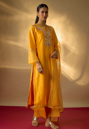 NAVA- Mango Yellow Hand woven Chanderi silk Suit set with zardozi embroidery