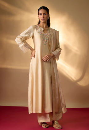 FEEHA-Beige Hand woven chanderi silk Anarkali set with zardozi embroidery