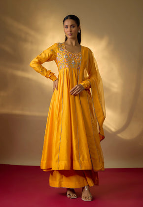 RUA- Mango Yellow Hand woven chanderi silk anarkali set with zardozi embroidery