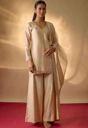 ZAIRA-Beige Hand woven chanderi silk Sharara set with zardozi embroidery