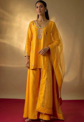 NIYAH - Mango Yellow Hand woven chanderi silk Sharara suit set with zardozi embroidery