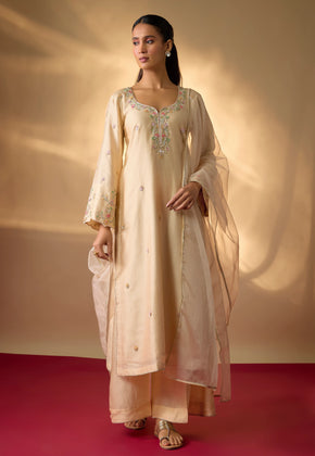 SIA-Beige Hand woven chanderi silk Suit set with zardozi embroidery