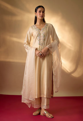 ZEYA-Beige Hand woven chanderi silk suit set with zardozi embroidery