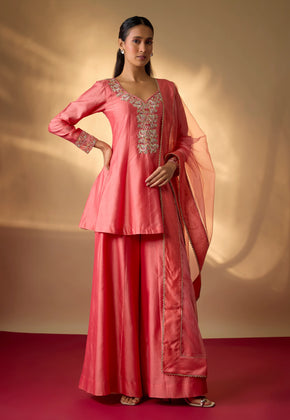 ZAIRA-Coral Hand woven chanderi silk Sharara set with zardozi embroidery