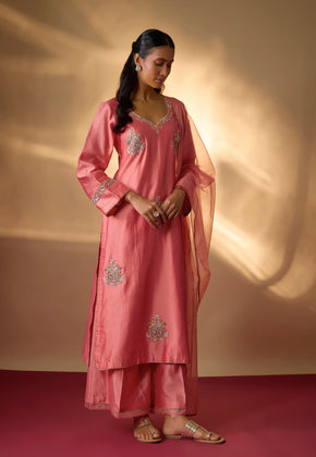 HANA-Coral Hand woven chanderi silk suit set with zardozi embroidery