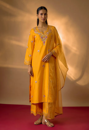 HIYA- Mango Yellow Hand woven chanderi silk Suit set with zardozi embroidery