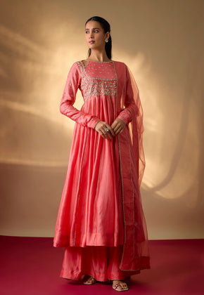 DANEEN- Coral Hand woven chanderi silk Anarkali suit set with zardozi embroidery