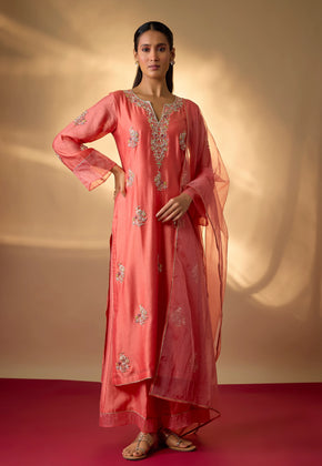 AVAIA-Coral Hand woven chanderi silk suit set with zardozi embroidery