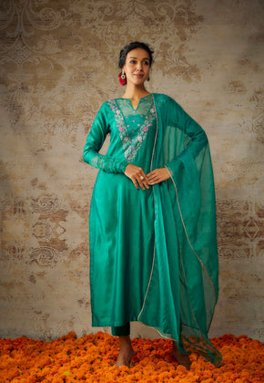 RURI- PEACOCK GREEN CHANDERI EMBROIDERED SUIT SET